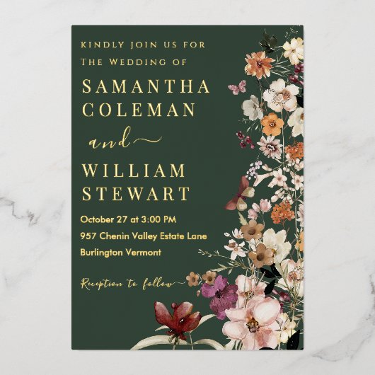 Elegant Boho Wildblume Dark Green Rustic Wedding Folieneinladung (Vorderseite)