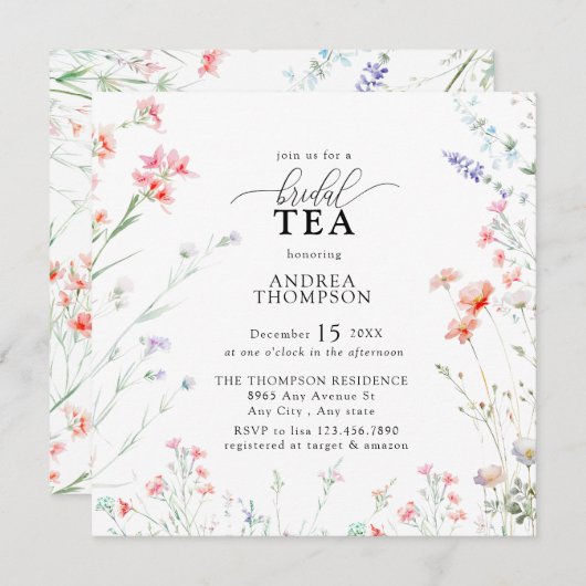Elegant Boho Wildblume Floral Bridal Tea Einladung (Vorne/Hinten)