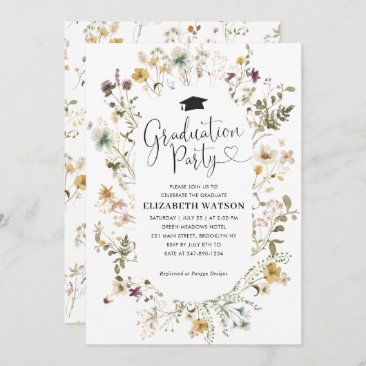 Elegant Boho Wildblume Floral Graduation Party Einladung (Vorne/Hinten)