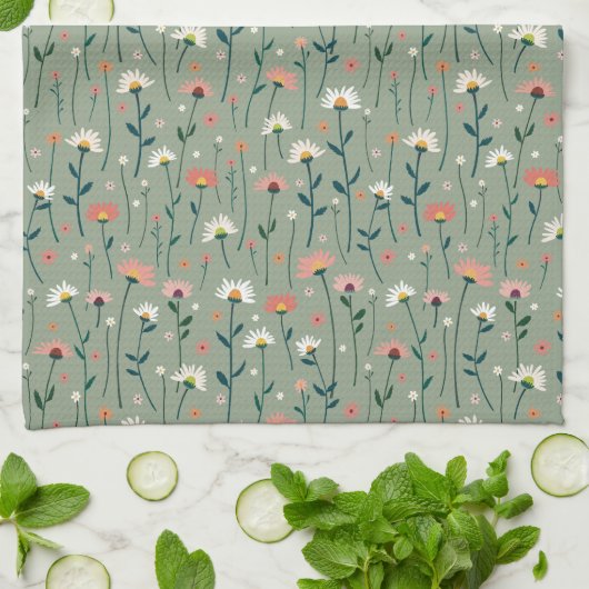 Elegant Boho Wildblume Garden Sage Green Geschirrtuch (Gefaltet)
