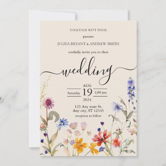 Elegant Boho Wildblume Hochzeit Einladung (Vorderseite)