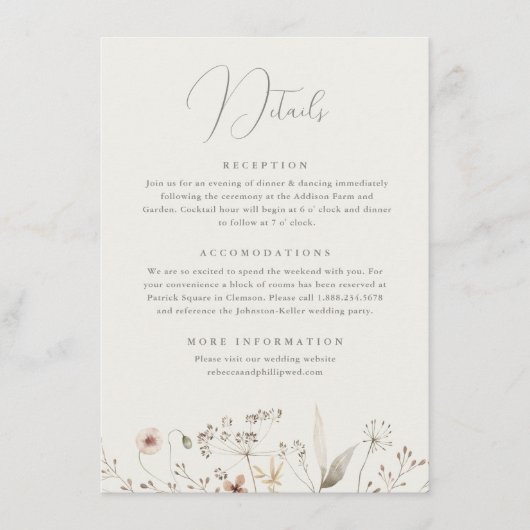 Elegant Boho Wildblume Hochzeiten Details Begleitkarte (Vorderseite)