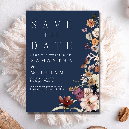 Elegant Boho Wildblume Navy Blue Save the Date Einladung