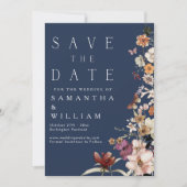 Elegant Boho Wildblume Navy Blue Save the Date Einladung (Vorderseite)