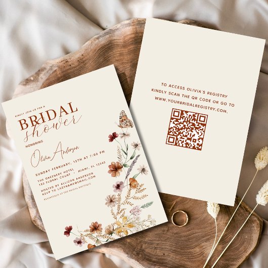 Elegant Boho Wildblume QR Code Brautparty Einladung