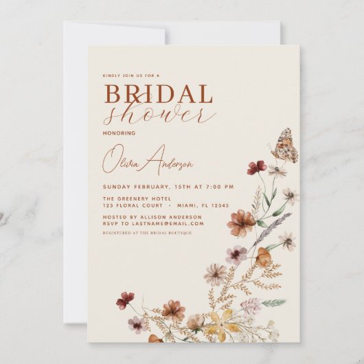 Elegant Boho Wildblume QR Code Brautparty Einladung (Vorderseite)