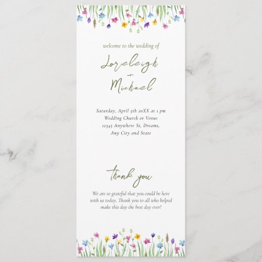 Elegant boho Wildblume Script Wedding Programm (Vorderseite)