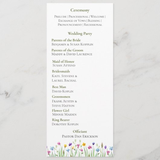 Elegant boho Wildblume Script Wedding Programm (Rückseite)