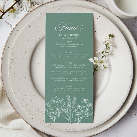 Elegant Boho Wildblume Spring Green Wedding Menükarte