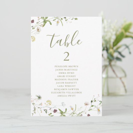 Elegant Boho Wildblume Tischnummer Sitzplan (Stehend Vorderseite)