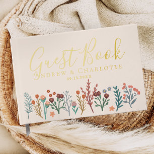Elegant Boho Wildblume Wedding Gold Gästebuch