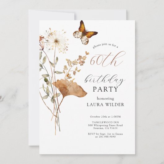 Elegant Boho Wildblumen 60. Geburtstagsparty Einladung (Vorderseite)