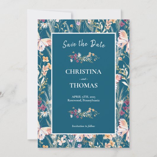 Elegant Boho Wildblumen Blau Save the Date Einladung (Vorderseite)