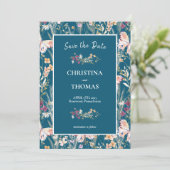 Elegant Boho Wildblumen Blau Save the Date Einladung (Stehend Vorderseite)