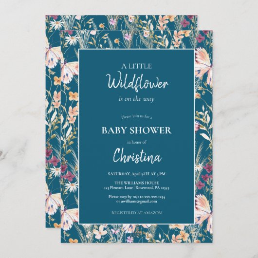 Elegant Boho Wildblumen Blue Baby Shower Einladung (Vorne/Hinten)
