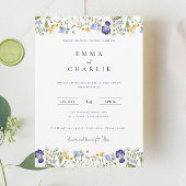 Elegant Boho Wildblumen Blue Script Wedding Einladung