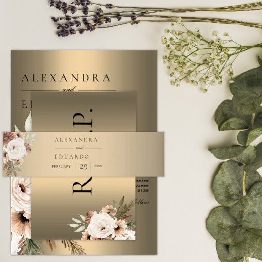 Elegant Boho Wildblumen Gold Wedding Einladungsbanderole