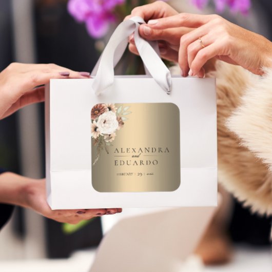 Elegant Boho Wildblumen Gold Wedding Quadratischer Aufkleber