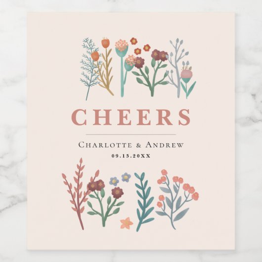 Elegant Boho Wildblumen Hochzeit Weinetikett (Einzelnes Label)