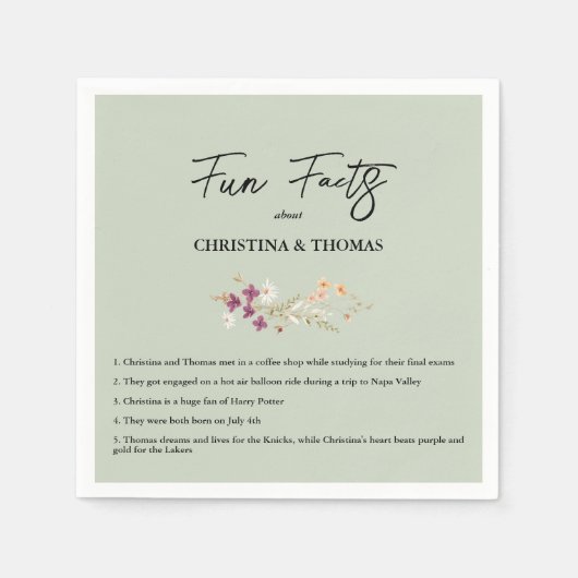 Elegant Boho Wildblumen Sage Fun Fakten Hochzeit Serviette (Vorderseite)