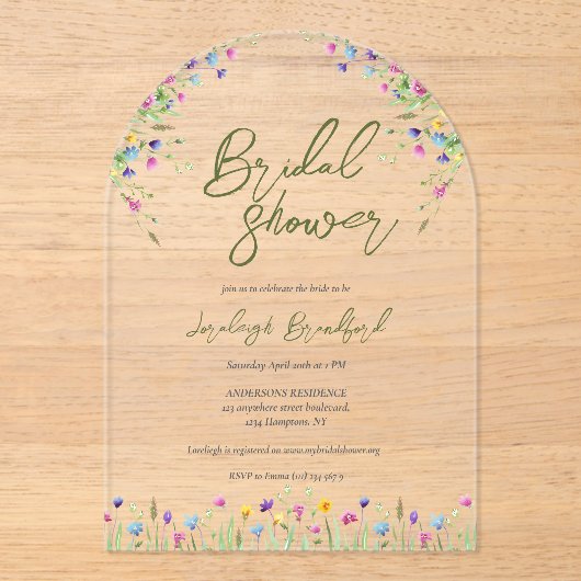 Elegant Boho Wildblumen Script-Brautparty Acryleinladungen (Vorderseite)