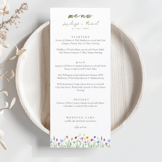 Elegant Boho Wildblumen Script Wedding Menükarte