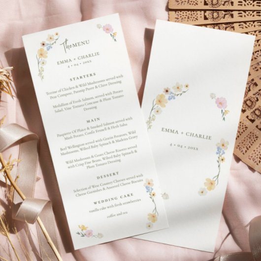 Elegant Boho Wildblumen Script Wedding Menükarte