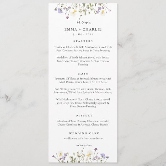 Elegant Boho Wildblumen Script Wedding Menükarte (Vorderseite)