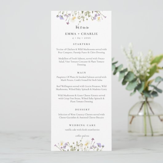 Elegant Boho Wildblumen Script Wedding Menükarte (Stehend Vorderseite)