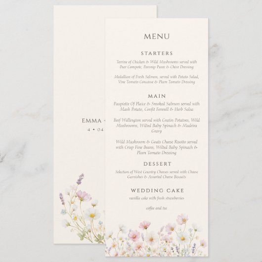 Elegant Boho wildflowers Script Wedding Menükarte (Vorne/Hinten)