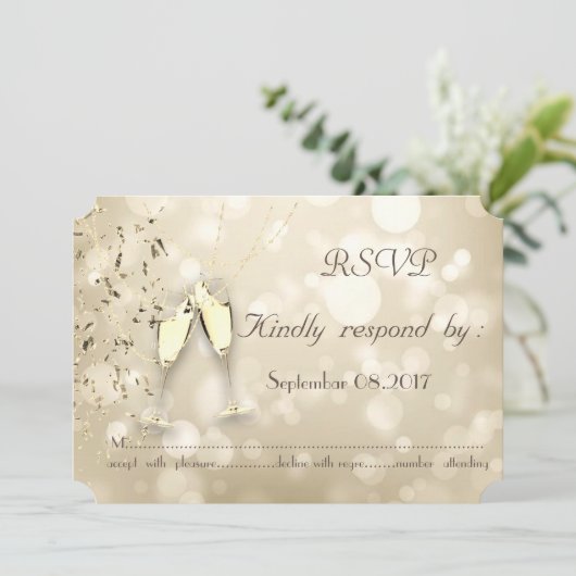 Elegant Bokeh, Confetti Wine Glasses RSVP Card Einladung (Stehend Vorderseite)