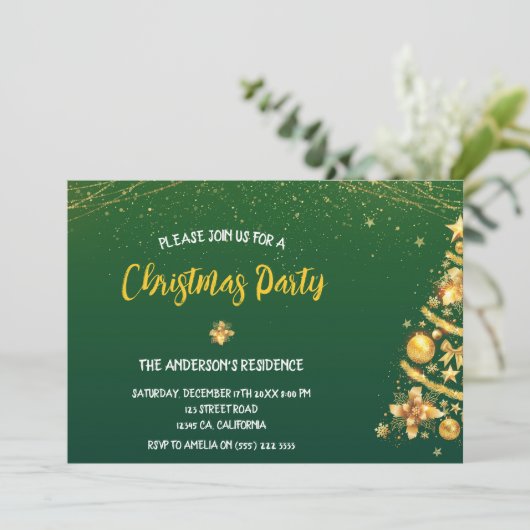 Elegant Bokeh Gold Pine Tree Weihnachts-Party Einladung (Stehend Vorderseite)