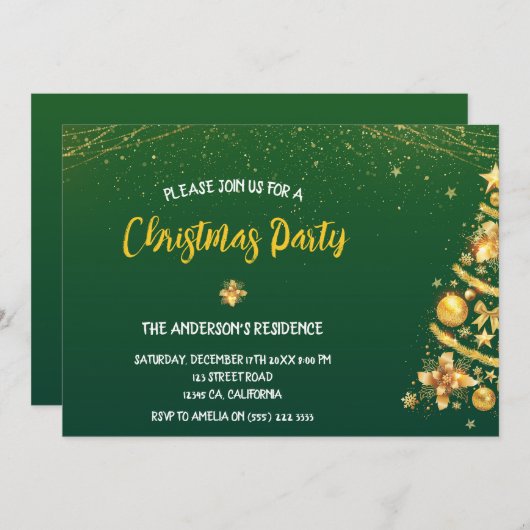 Elegant Bokeh Gold Pine Tree Weihnachts-Party Einladung (Vorne/Hinten)