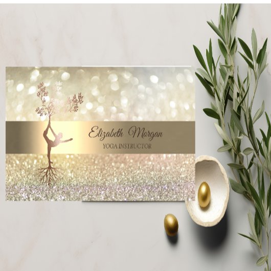 Elegant Bokeh Gold Tree Silhouette Yoga Instructor Visitenkarte