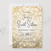 Elegant Bokeh Lights Modernes Script Sweet 16 Gold Einladung (Vorderseite)