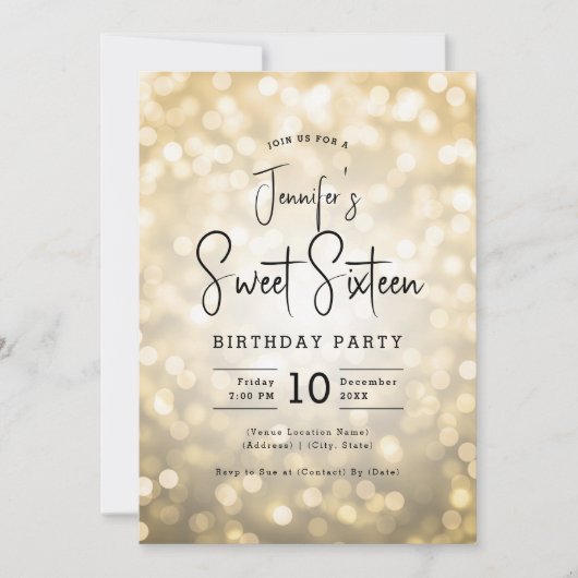 Elegant Bokeh Lights Modernes Script Sweet 16 Gold Einladung (Vorderseite)
