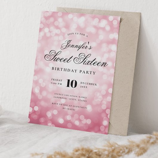Elegant Bokeh Lights Script Sweet 16 Blush Pink Einladung