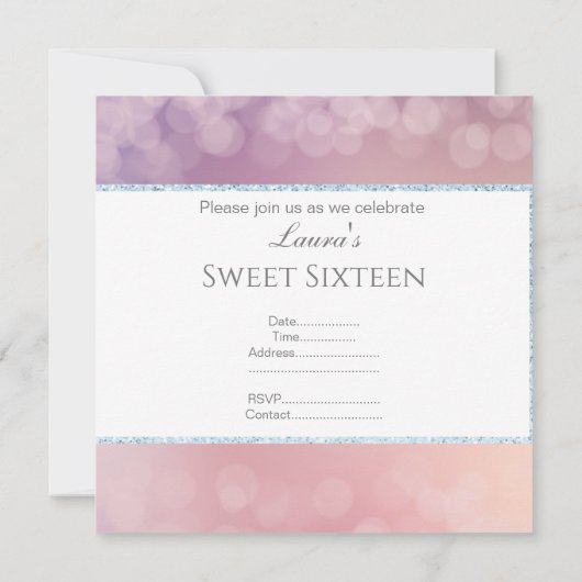 ELEGANT BOKEH LILAC WHITE GLITZER BBLE SWEET 16 EINLADUNG (Rückseite)