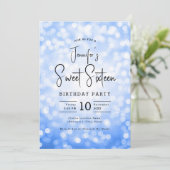 Elegant Bokeh Modernes Script Sweet 16 Navy Blue Einladung (Stehend Vorderseite)