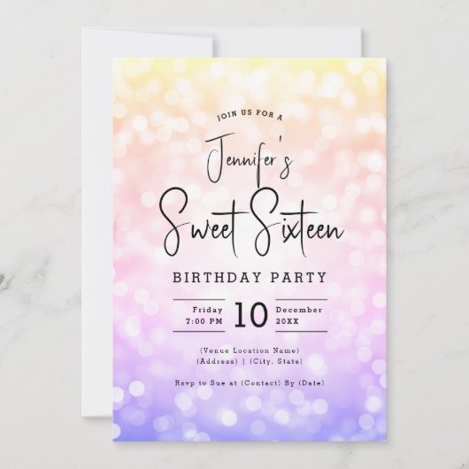 Elegant Bokeh Modernes Script Sweet 16 Ombre Rainb Einladung (Vorderseite)