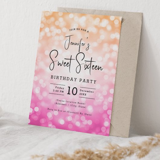 Elegant Bokeh Modernes Script Sweet 16 Pink Orange Einladung