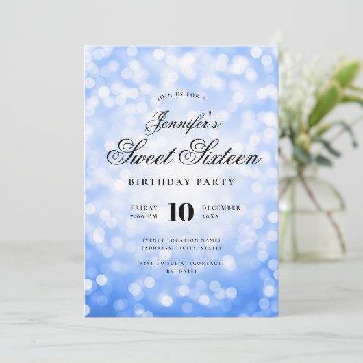 Elegant Bokeh Script Sweet 16 Party Navy Blue Einladung (Stehend Vorderseite)