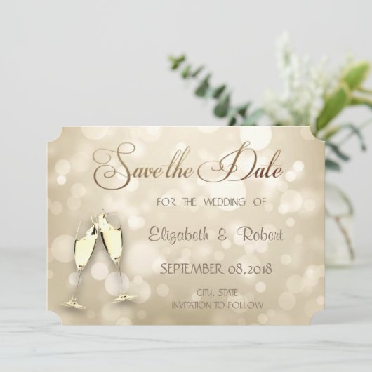 Elegant Bokeh Wine Glasses Save the Date (Stehend Vorderseite)
