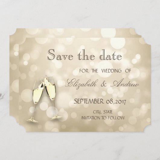 Elegant Bokeh, Wine Glasses Wedding Save the date (Vorne/Hinten)