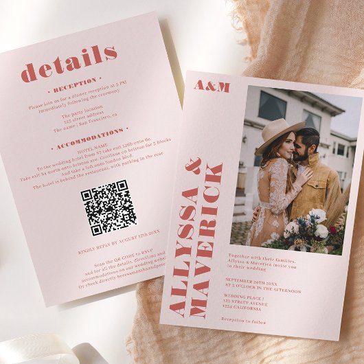 Elegant Bold boho beige Terracotta Foto Hochzeit Einladung