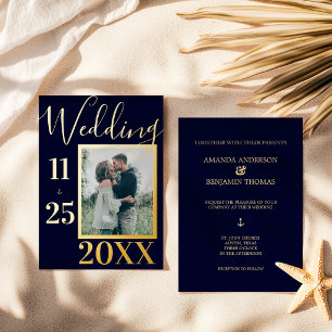 Elegant Bold Navy Blue Anchor Foto Wedding Gold Folieneinladung