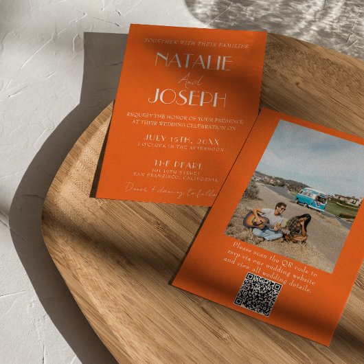 Elegant Bold Orange Stylish Photo QR Code Wedding Einladung