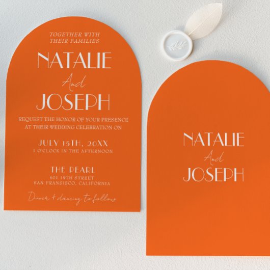 Elegant Bold Orange Stylish Retro Arched Wedding  Einladung