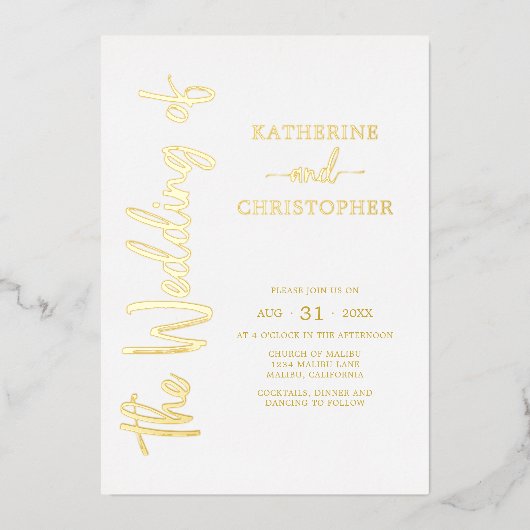 Elegant Bold Script Gold White Formal Wedding Folieneinladung (Vorderseite)
