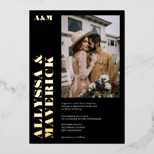 Elegant Bold simple black photo wedding Folieneinladung (Vorderseite)